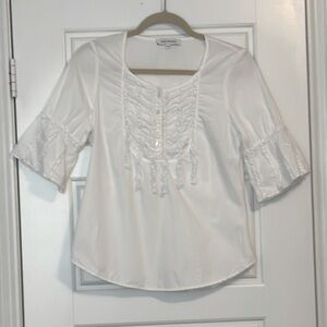 Anne Fontaine White Flutter Sleeve Blouse with Ruffled Bib Collar